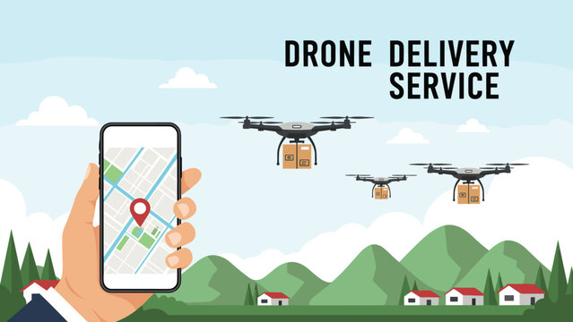 Modern drone delivery service concept featuring a person tracking packages on a smartphone map as drones fly over a mountain village.