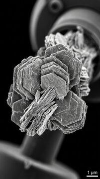 Graphite anode surface showcasing stacked carbon particles with a crystalline hexagonal lattice structure, imaged by electron microscopy to analyze lithium battery electrode materials.