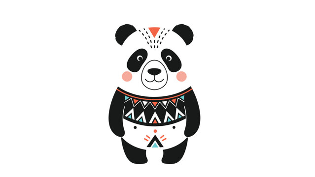 Adorable panda character wearing a colorful sweater with geometric patterns and ethnic motifs stands against a plain white background.