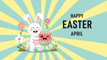 Fototapeta premium Adorable white bunny hugs a large decorated Easter egg against a yellow and blue sunburst background for April celebrations.