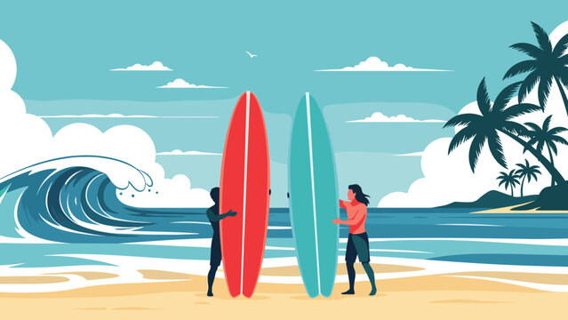 Two surfers stand on a sandy beach holding their surfboards while a large ocean wave crashes in the tropical background.