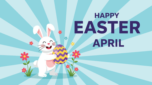 Smiling white bunny rabbit holds a purple striped Easter egg in a floral garden under a bright teal sunburst in springtime.
