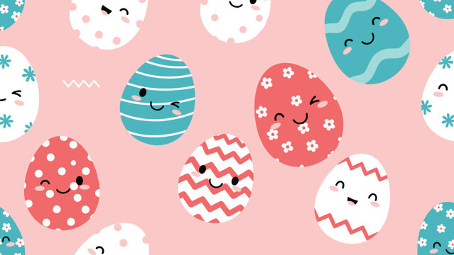 Seamless pattern of cute cartoon Easter eggs with various faces and decorations on a soft pink background for children.