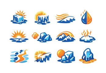 Fototapeta premium Collection of stylized icons representing natural elements like ice, sun, water, and mountains