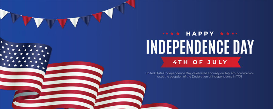 Happy Independence day sign with stars, petards and american flag. 4th of July, United Stated independence day. Template design for poster, banner, flyer, greeting card. Vector illustration