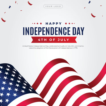 Happy Independence day sign with stars, petards and american flag. 4th of July, United Stated independence day. Template design for poster, banner, flyer, greeting card. Vector illustration