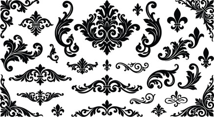 Collection of ornate floral swirls and flourishes in black silhouette © Shakil