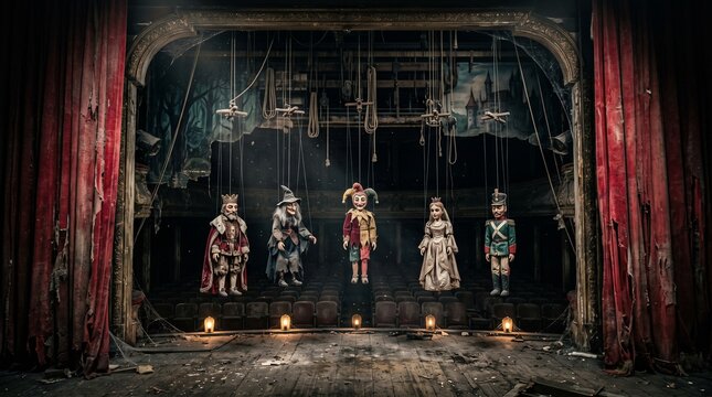 Abandoned puppet theater stage with marionettes creating a cinematic Halloween horror atmosphere.