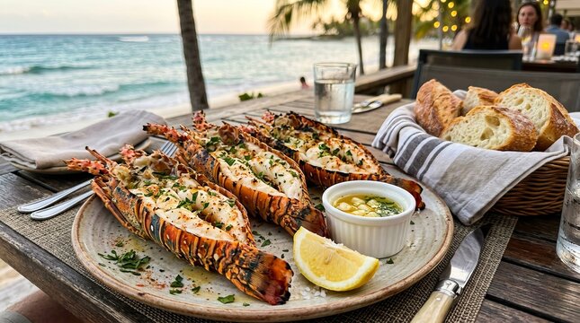 Grilled lobster and shrimp seafood platter with lemon and dipping sauce on wooden table.