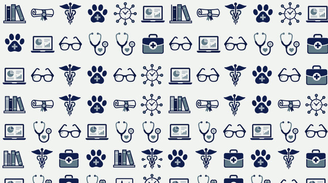 Veterinary care metaphors and medical system symbols arranged in a sophisticated seamless repeating pattern for school themes.