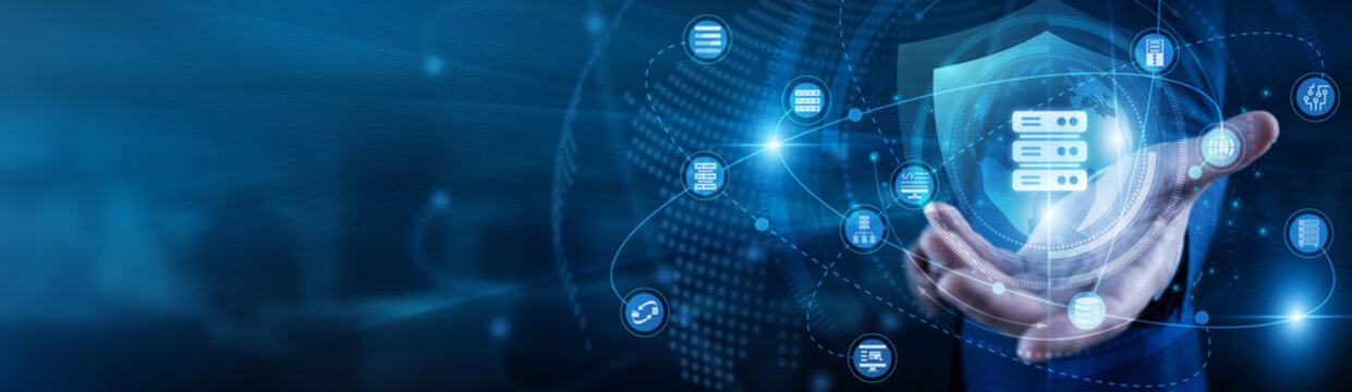 Server pro hand-holds HOSTING global network servers. Technician working on laptop managing website storage and cloud databases. Reliable web deployment and high performance online links.