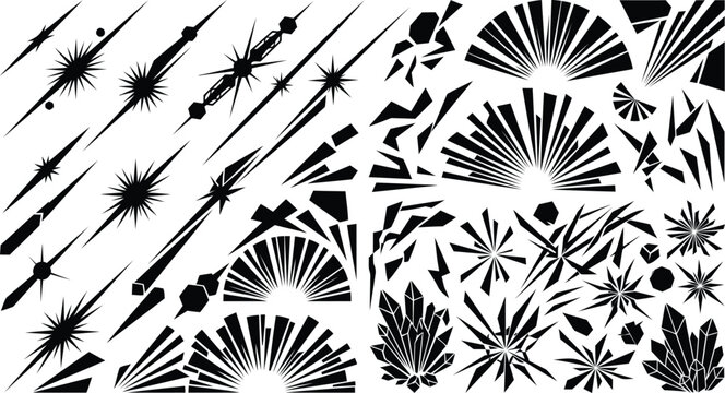 Collection of abstract black starbursts and line shapes graphic design elements silhouette