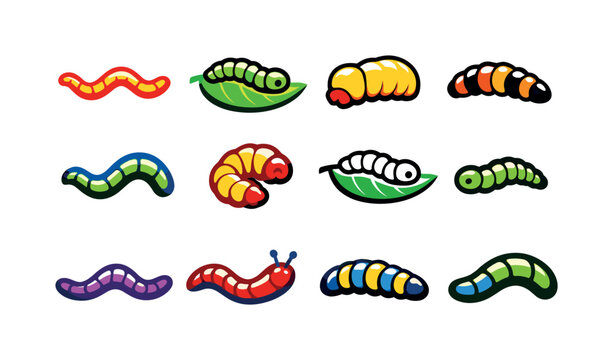 Collection of colorful cartoon caterpillars and worms on white background