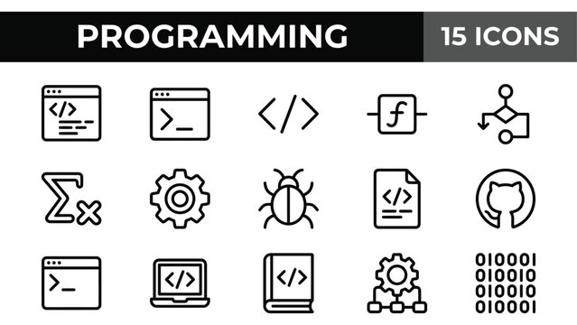 Set of fifteen black line programming icons representing software development and coding processes