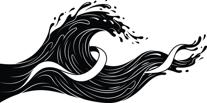 Dynamic ocean wave splash silhouette with swirling lines and curves silhouette