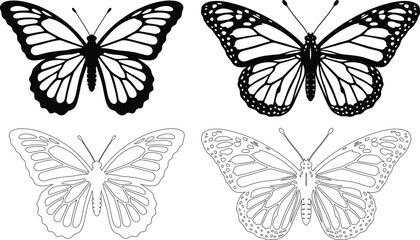 Obraz premium Two monarch butterflies in different poses black silhouette