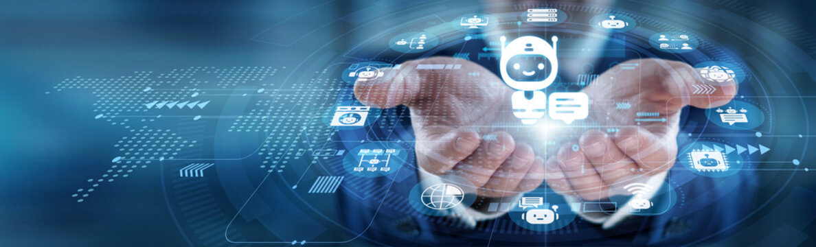 Automated customer service. Instant message replies. Digital support efficiency. Conversational interfaces. Agent hands hold Chatbots device, managing automated client queries with speed.