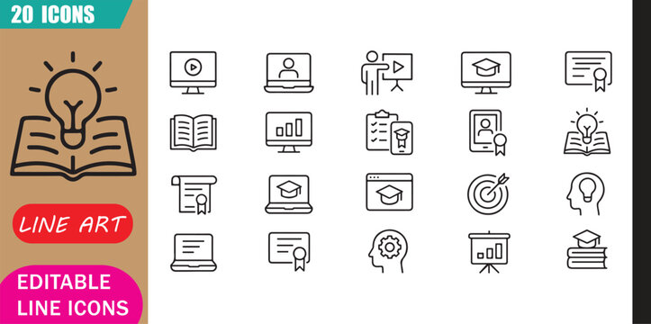 Isolated online training icons set, 20 editable line art icons set, online training, elearning education course, certification knowledge development, digital learning theme, clean outline vector