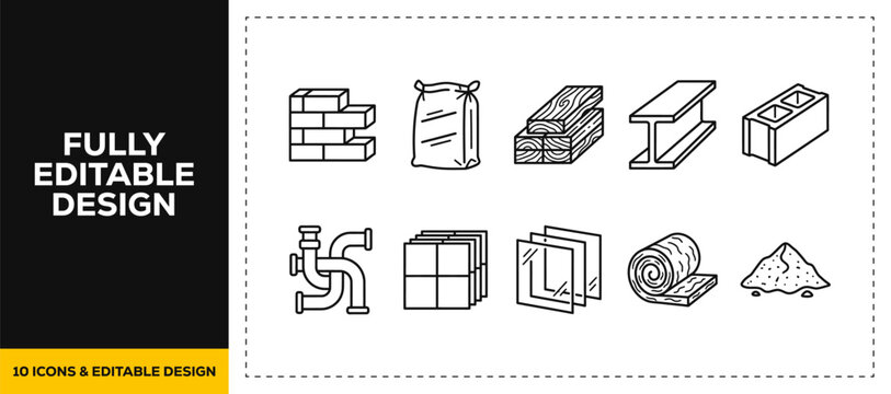 flat vector illustration line art icon bundle set design covering building materials bricks cement and steel structure elements for modern digital app UI UX graphic project