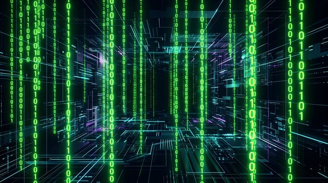 Digital matrix stream abstract binary code tunnel in green cyber space