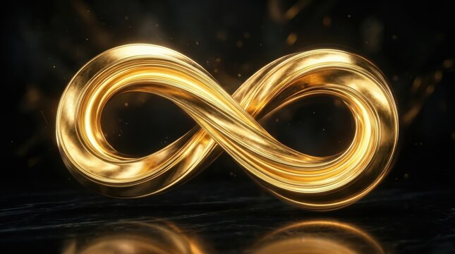 Golden infinity light loop with endless shape and elegant curve, symbolic luxury design with metallic glow and continuous motion,