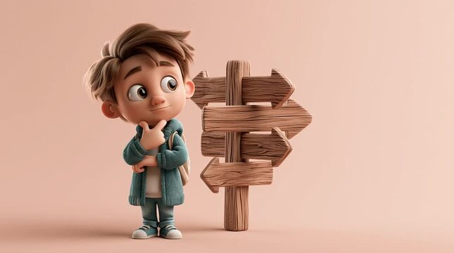Character standing at a crossroads with multiple directional arrows, thoughtfully considering options before confidently choosing a path, symbolizing decision-making and personal direction.