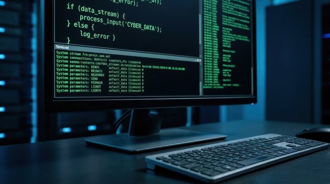 Green code terminal lines for digital technology programming data screen. Computer cyber software background system text modern