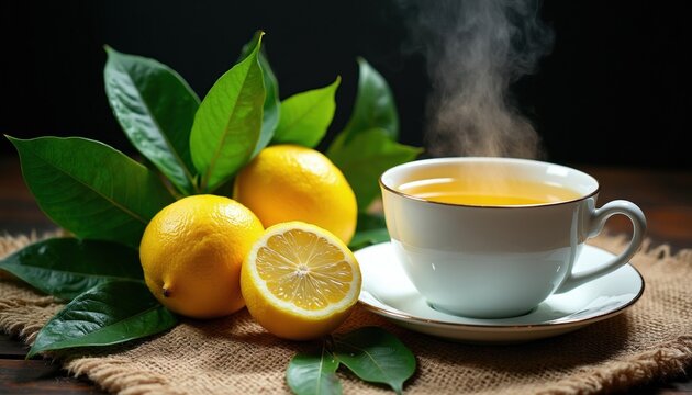 Hot lemon tea steaming in cup next to fresh citrus fruits and green leaves. Cozy morning beverage preparation on rustic table, healthy organic refreshment.