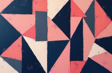 Fototapeta premium Abstract art featuring geometric shapes and triangles. Pink, blue, and white colors combine in a modern mosaic pattern with a textured surface. Clean lines create a contemporary graphic design.