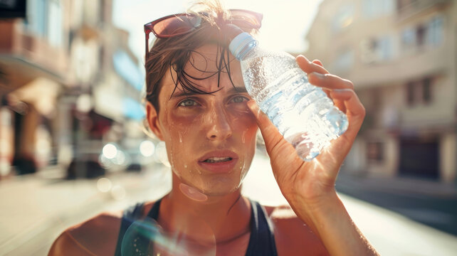 Young man using a water bottle to cool his forehead on a very hot day, drenched in sweat and showing signs of heat exhaustion and the impact of climate change