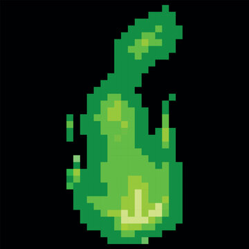 A burning green fire or mystical bonfire, in pixel art style, on a black background.