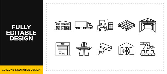 Naklejka premium flat vector illustration line art icon bundle set design covering logistics supply warehouses and delivery trucks elements for modern digital app UI UX graphic project