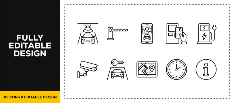 flat vector illustration line art icon bundle set design covering parking garage security barriers and toll tickets elements for modern digital app UI UX graphic project