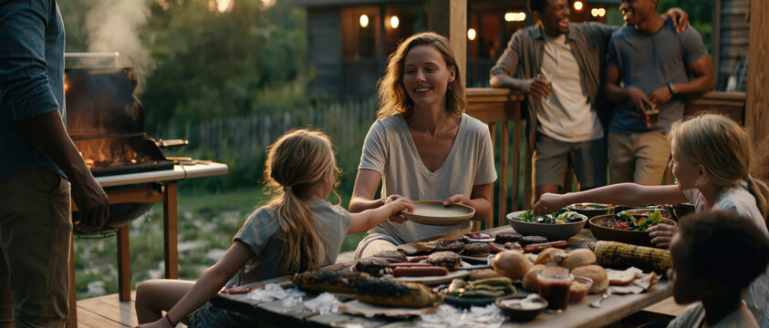 Family and friends enjoying a summer backyard barbecue on a wooden deck at dusk