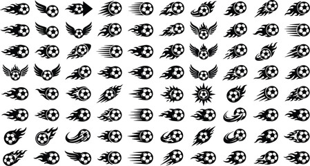 Flying soccer ball vector line icon set featuring dynamic motion speed trails play arrow and burning comets © MD
