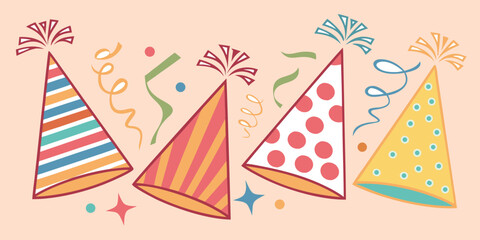 Obraz premium Set of colorful party hats with confetti and streamers on a light pink background, festive birthday celebration vector illustration