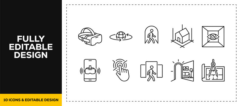 flat vector illustration line art icon bundle set design covering virtual reality technology and 3d game simulation elements for modern digital app UI UX graphic project