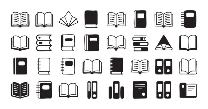 Educational book icon set with spiral notebooks binders and open textbooks for school office design.