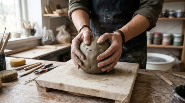 Artisan shaping clay on pottery wheel in sunlit studio workshop.