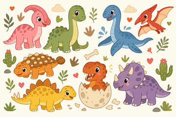 Fototapeta premium Collection of cute cartoon dinosaurs and prehistoric elements for children