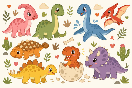 Collection of cute cartoon dinosaurs and prehistoric elements for children