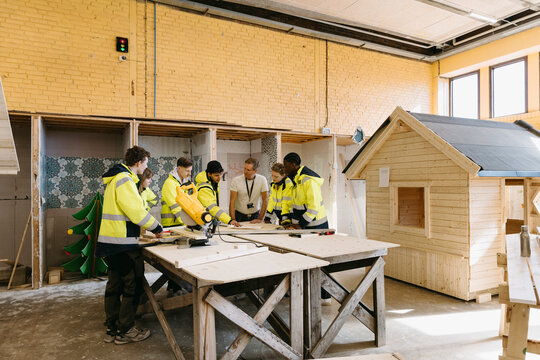 Construction training workshop of students being held in workshop at vocational high school