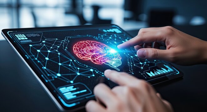Digital brain interface concept on tablet display futuristic technology illustration