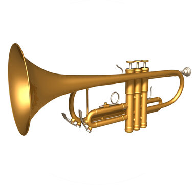 3D illustration of a Golden Trumpet. The trumpet is a brass instrument. The most common type of trumpet is a transposing instrument in B, with pitches sounding a whole step lower than written.