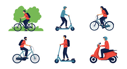 Obraz premium Flat vector set of active people commuting on bicycles, electric scooters, and a red classic motor scooter.