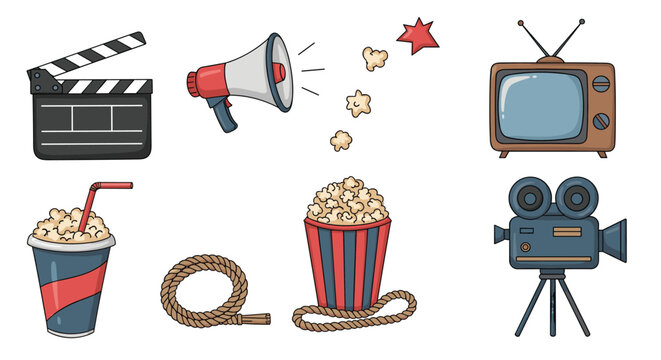 Collection of hand drawn cinema icons including a clapperboard, old television, retro camera, and popcorn.