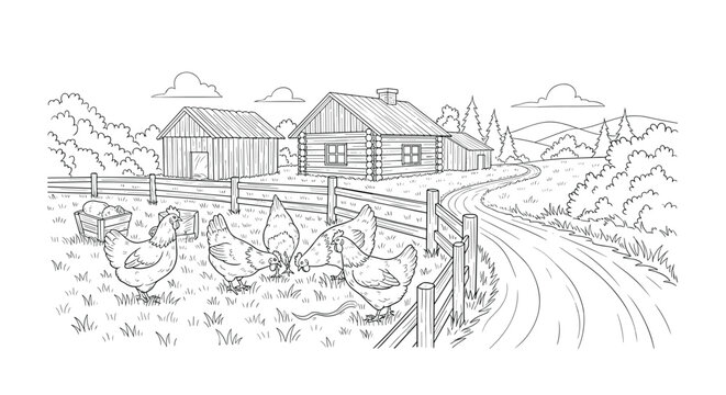 Hand drawn sketch of a rural farm landscape with chickens feeding in the yard near a wooden log cabin.