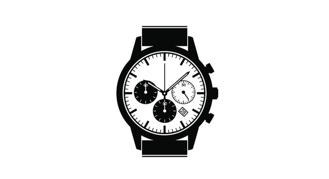 Elegant black and white wristwatch icon showing a detailed analog chronograph face with sub-dials.