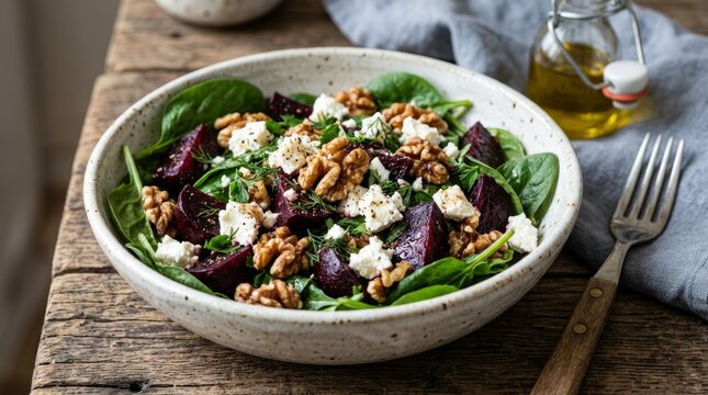 Fresh mixed leaf salad with nuts and vinaigrette dressing on wooden table.
