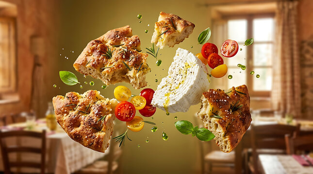 Rustic focaccia bread pieces with fresh cherry tomatoes and soft ricotta cheese.